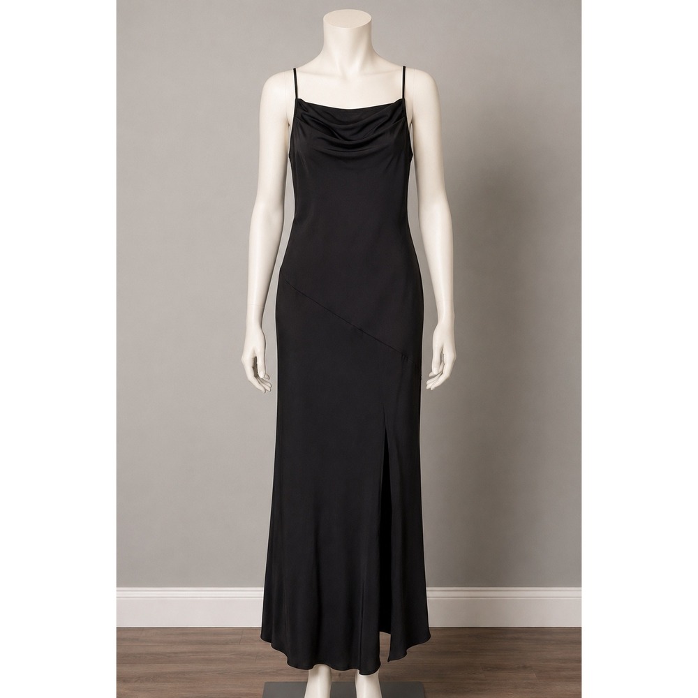 Fashion Black Cowl Neck Maxi Dress Satin Finish Side Slit Spaghetti Strap New‎ M